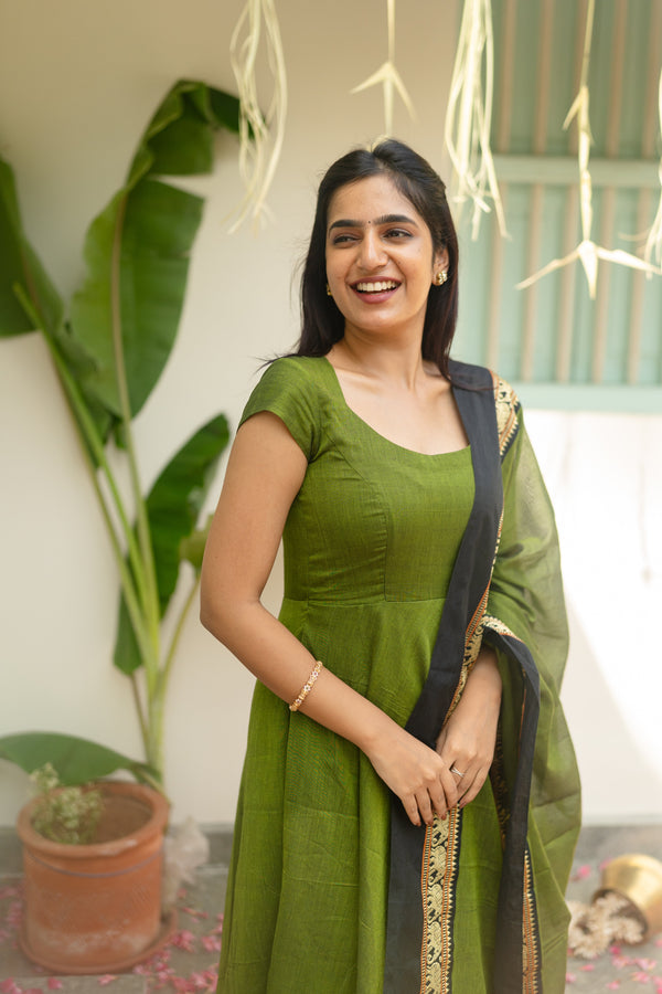 Studio Olive Green Narayanpet Anarkali Top & Dupatta