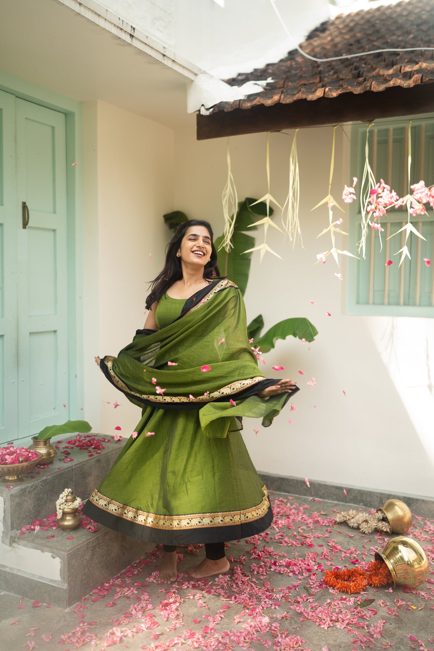 Studio Olive Green Narayanpet Anarkali Top & Dupatta