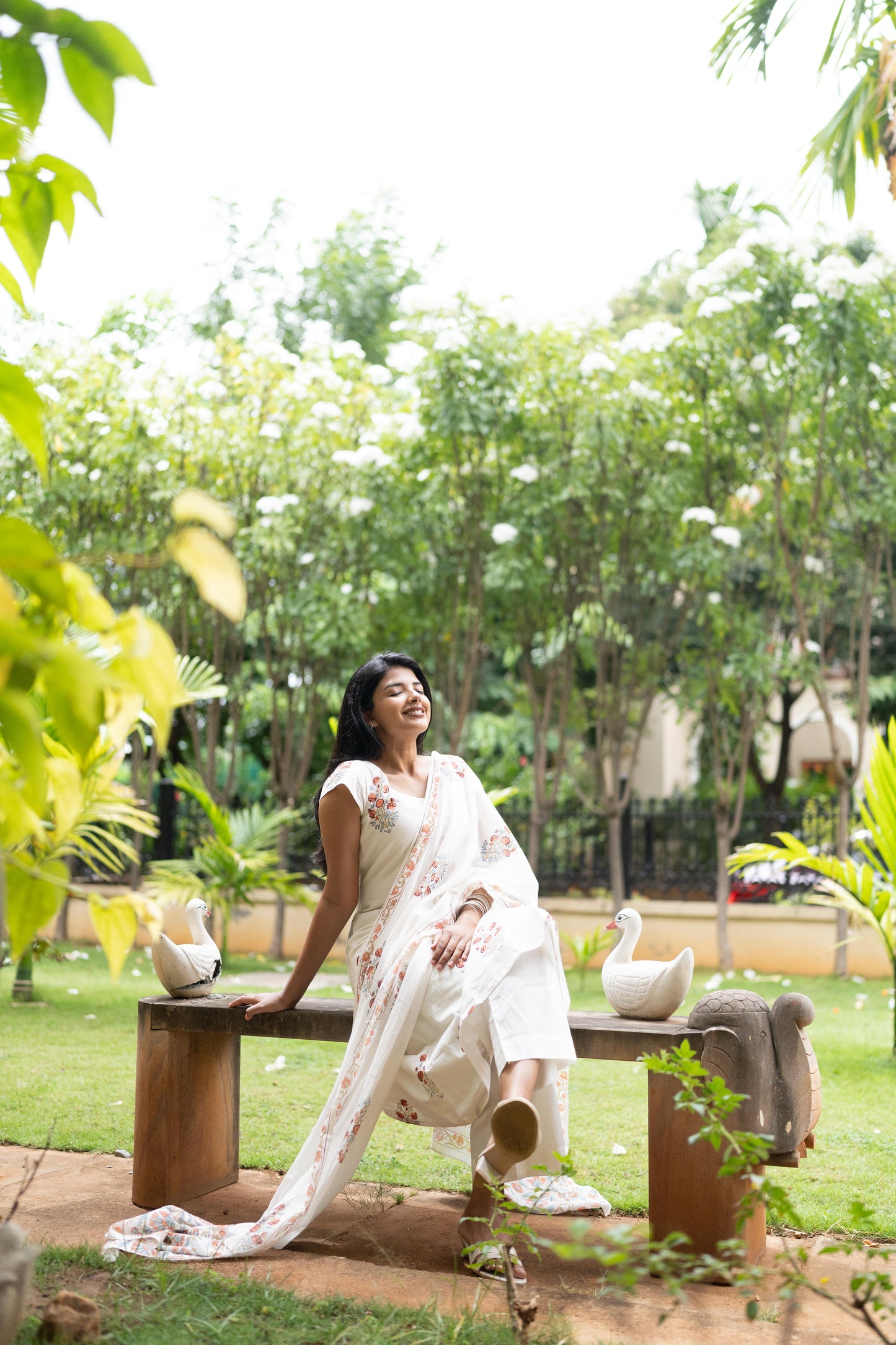 White Handblock Printed 3Pcs Suit Set