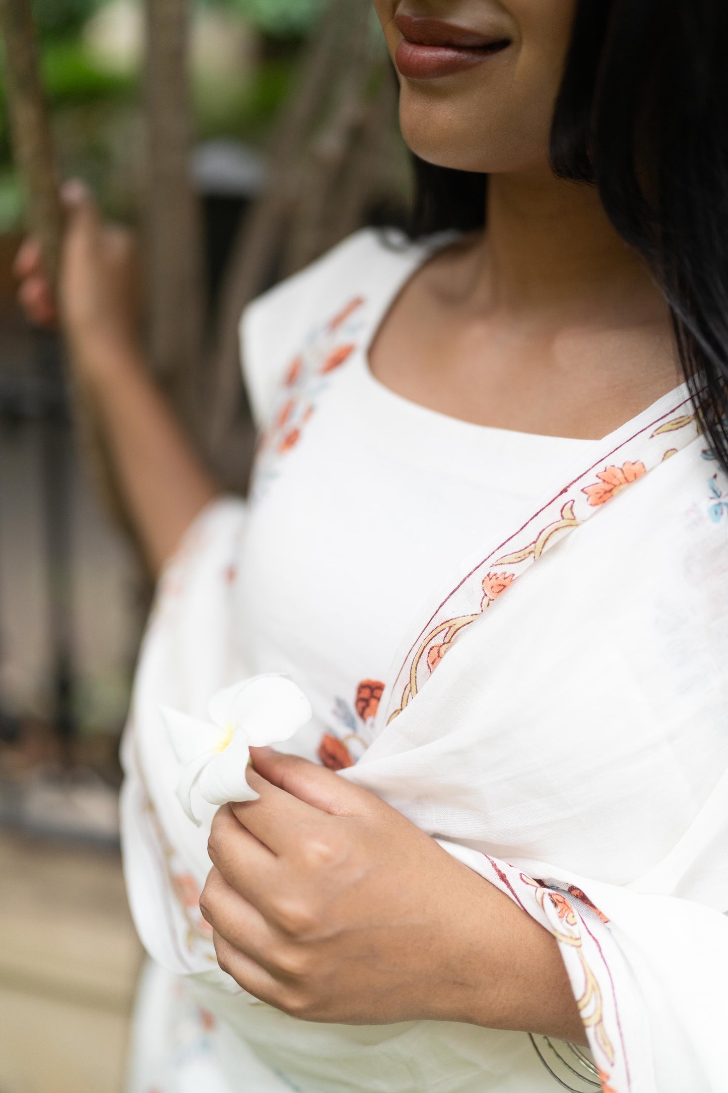 White Handblock Printed 3Pcs Suit Set