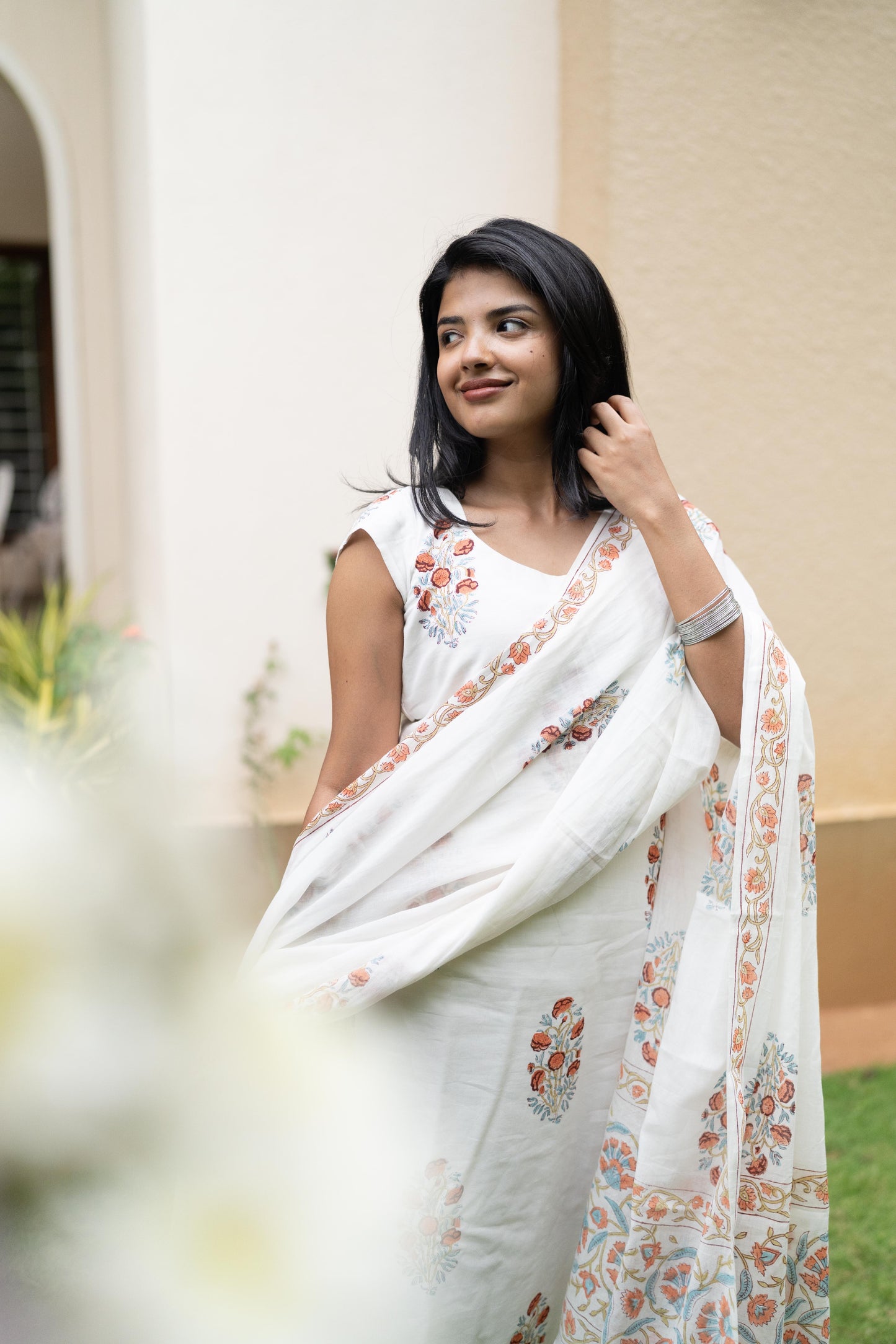 White Handblock Printed 3Pcs Suit Set
