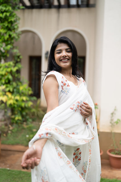 White Handblock Printed 3Pcs Suit Set