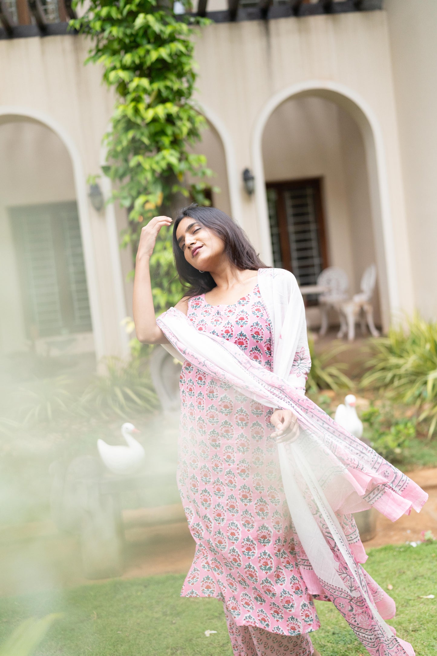 Pink Handblock Printed 3 Pcs Suit Set- Sleeve Length Can be Changed