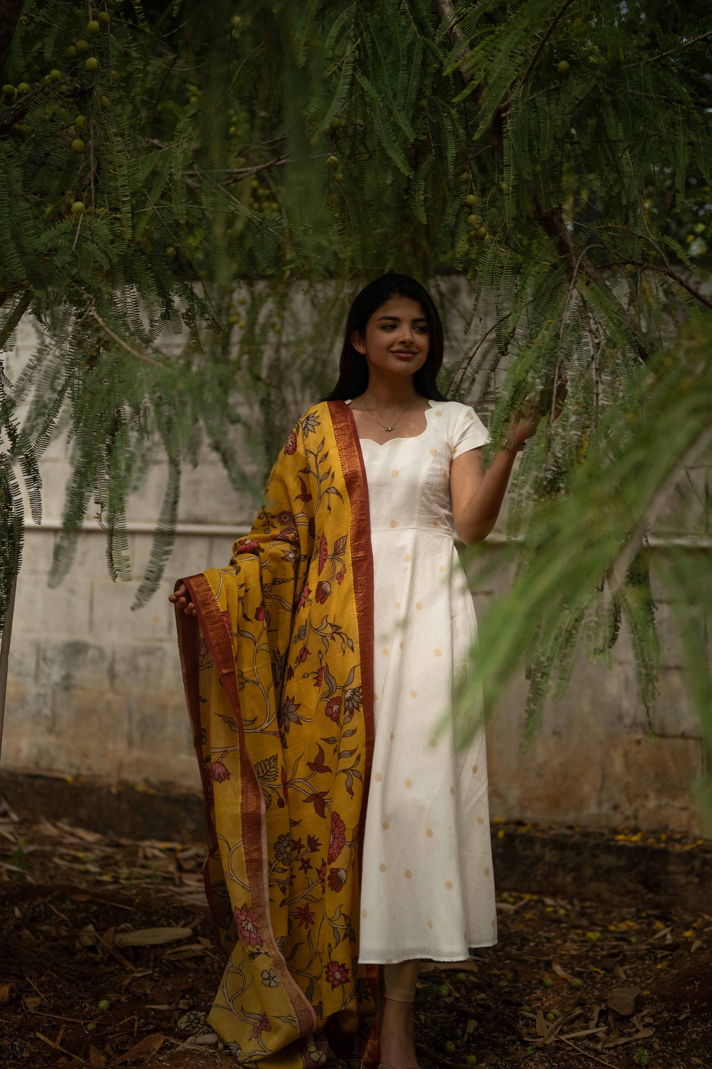 Studio White Anarkali Cotton Kurta Top & Mustard Dupatta Set