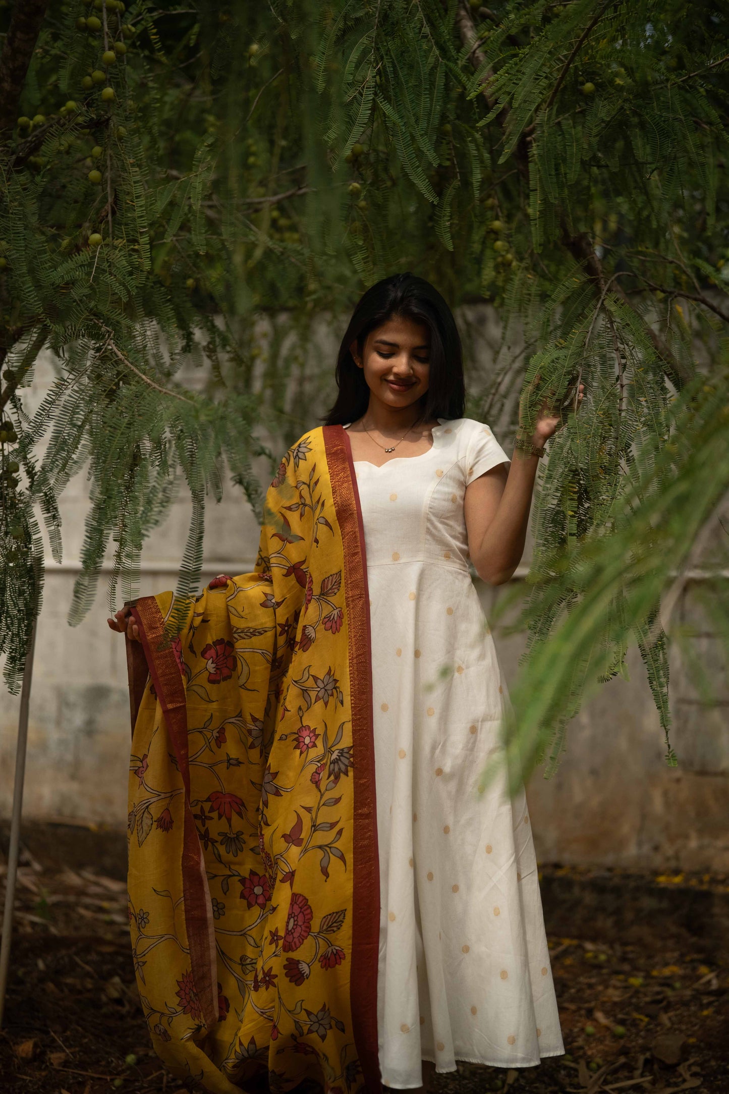Studio White Anarkali Cotton Kurta Top & Mustard Dupatta Set