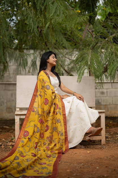 Studio White Anarkali Cotton Kurta Top & Mustard Dupatta Set