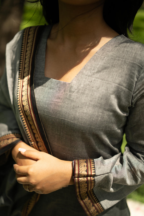 Studio  Grey Malar Narayanpet Cotton Top & Dupatta Set