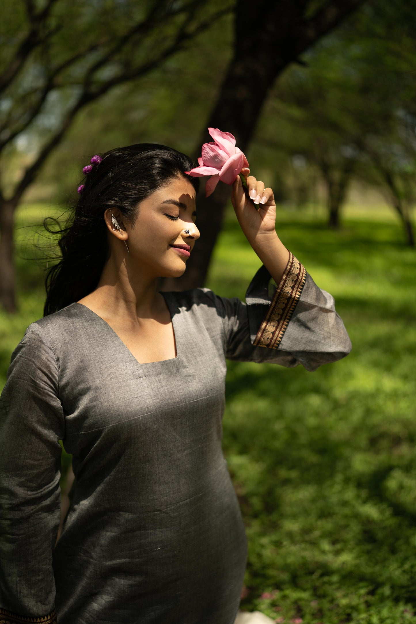 Studio  Grey Malar Narayanpet Cotton Top & Dupatta Set