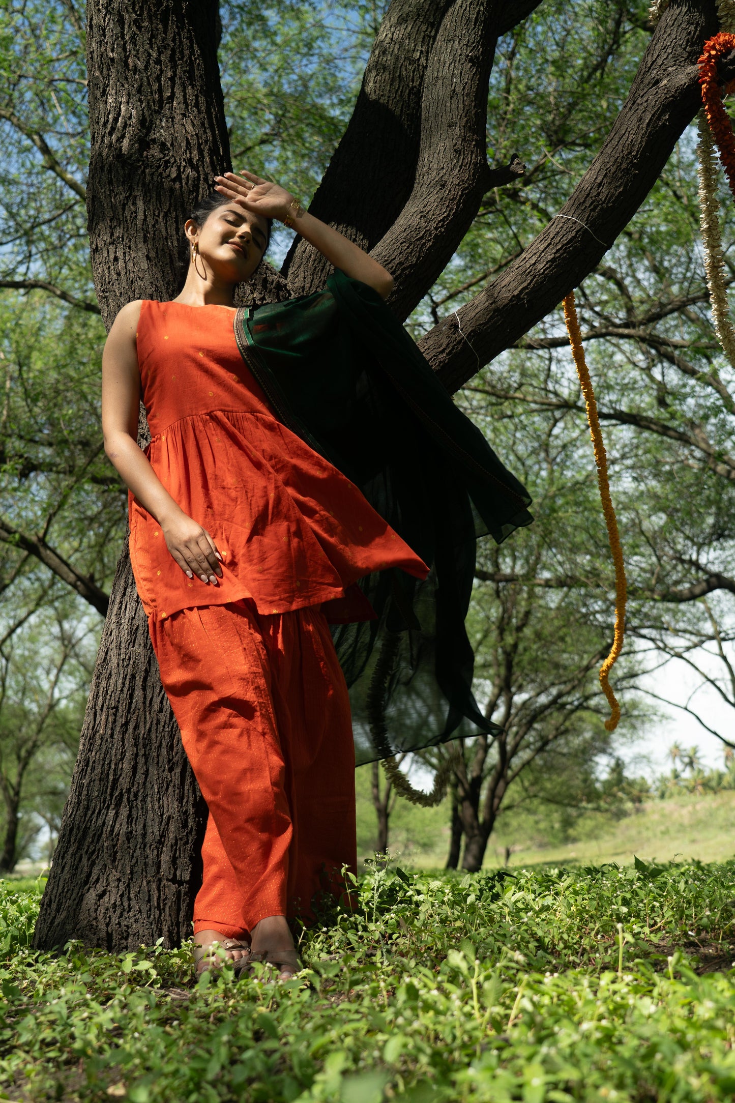 Studio  Orange Sharara Set (Green Dupatta Only)