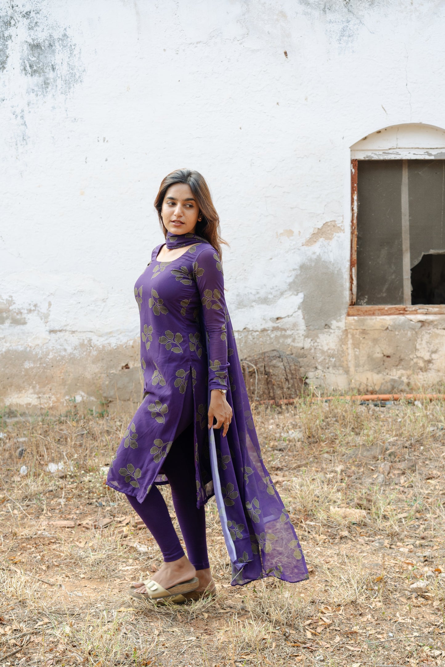 Studio Violet Foliage Printed Georgette Kurta Top & Dupatta