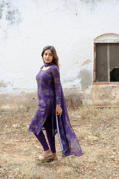 Studio Violet Foliage Printed Georgette Kurta Top & Dupatta