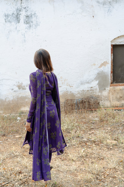 Studio Violet Foliage Printed Georgette Kurta Top & Dupatta