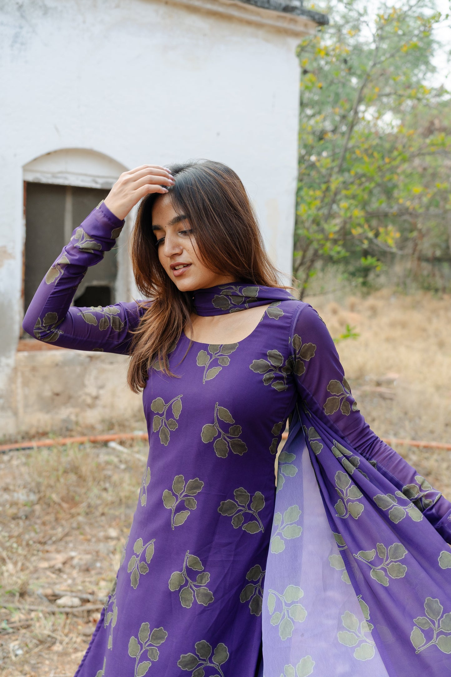 Studio Violet Foliage Printed Georgette Kurta Top & Dupatta