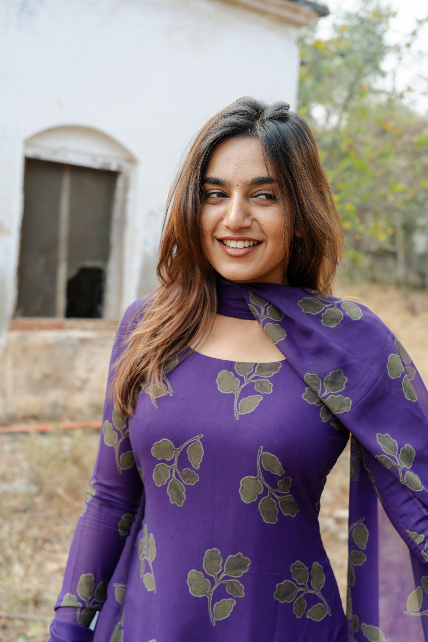 Studio Violet Foliage Printed Georgette Kurta Top & Dupatta