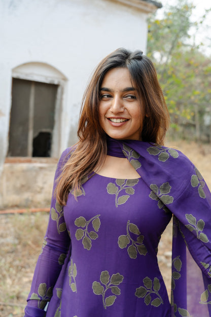 Studio Violet Foliage Printed Georgette Kurta Top & Dupatta