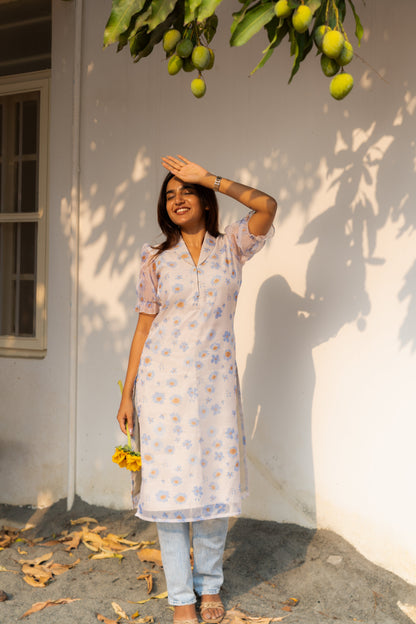 Studio Blue Pea Floral Organza Kurti Top