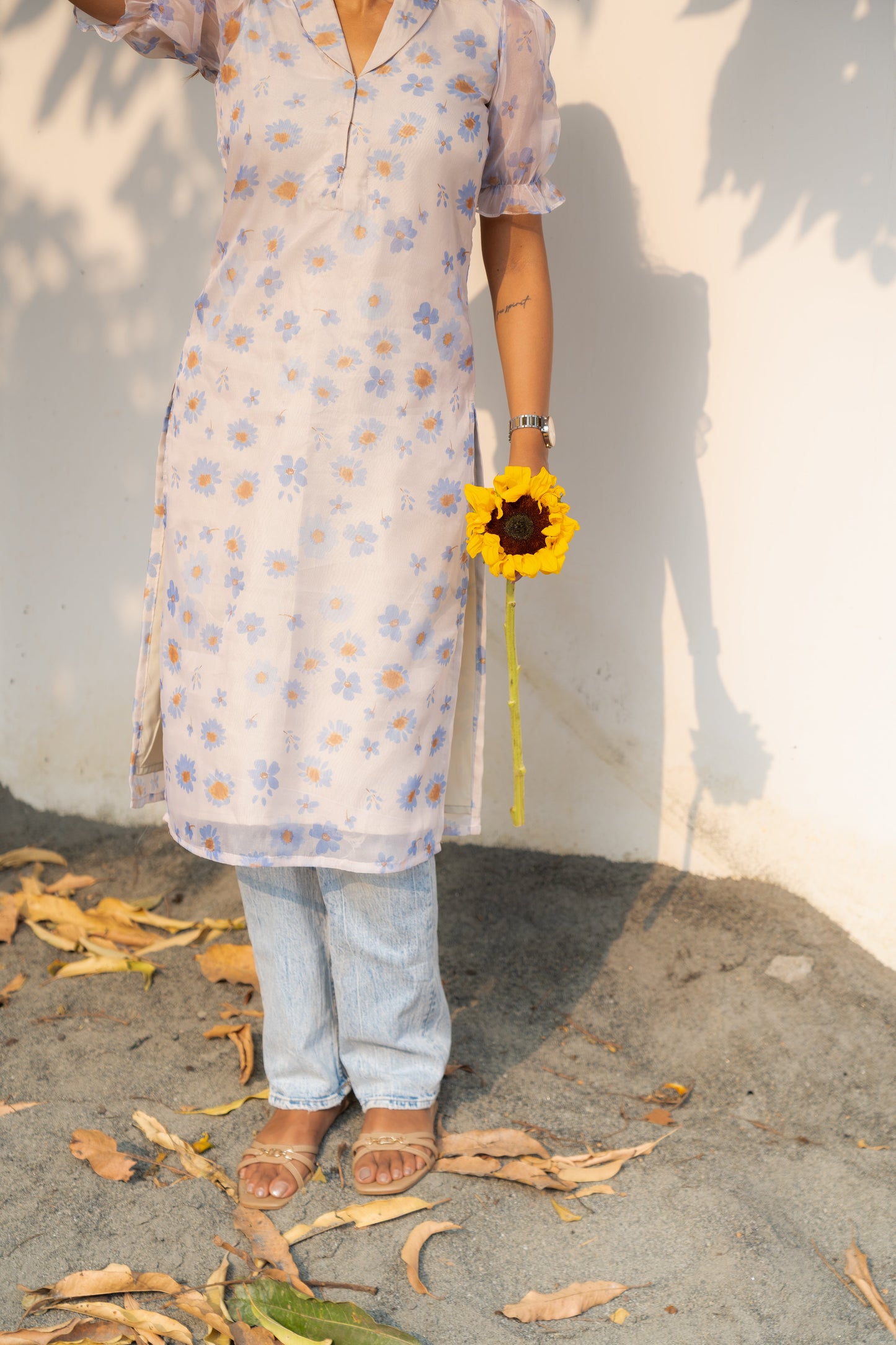 Studio Blue Pea Floral Organza Kurti Top