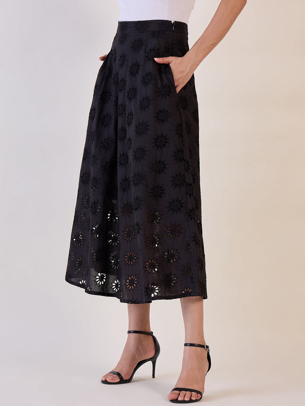 Black Schiffli Flared Skirt