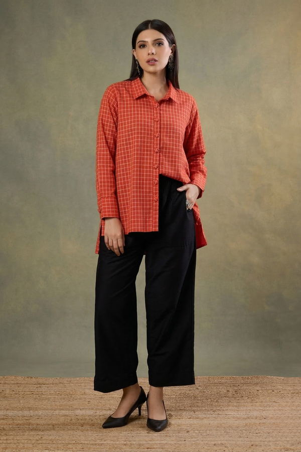 Saffron_Square_Weave_High_Low_Hem_Cotton_Shirt