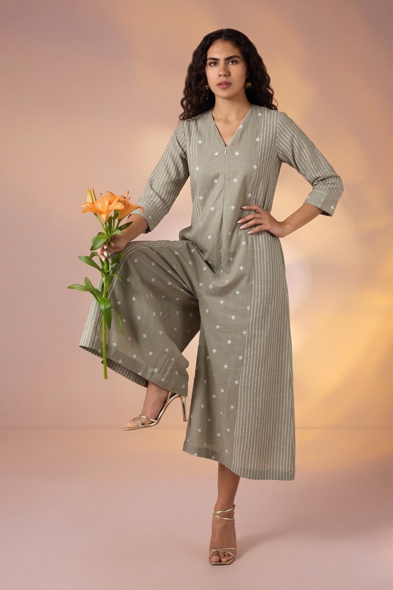 Sage Snow Butti Front Zipper Cotton Jumpsuit With Pockets & Sleeves Mc