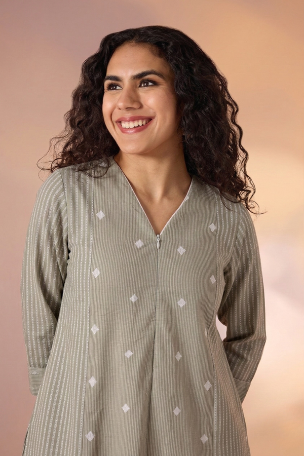 Sage Snow Butti Front Zipper Cotton Jumpsuit With Pockets & Sleeves Mc