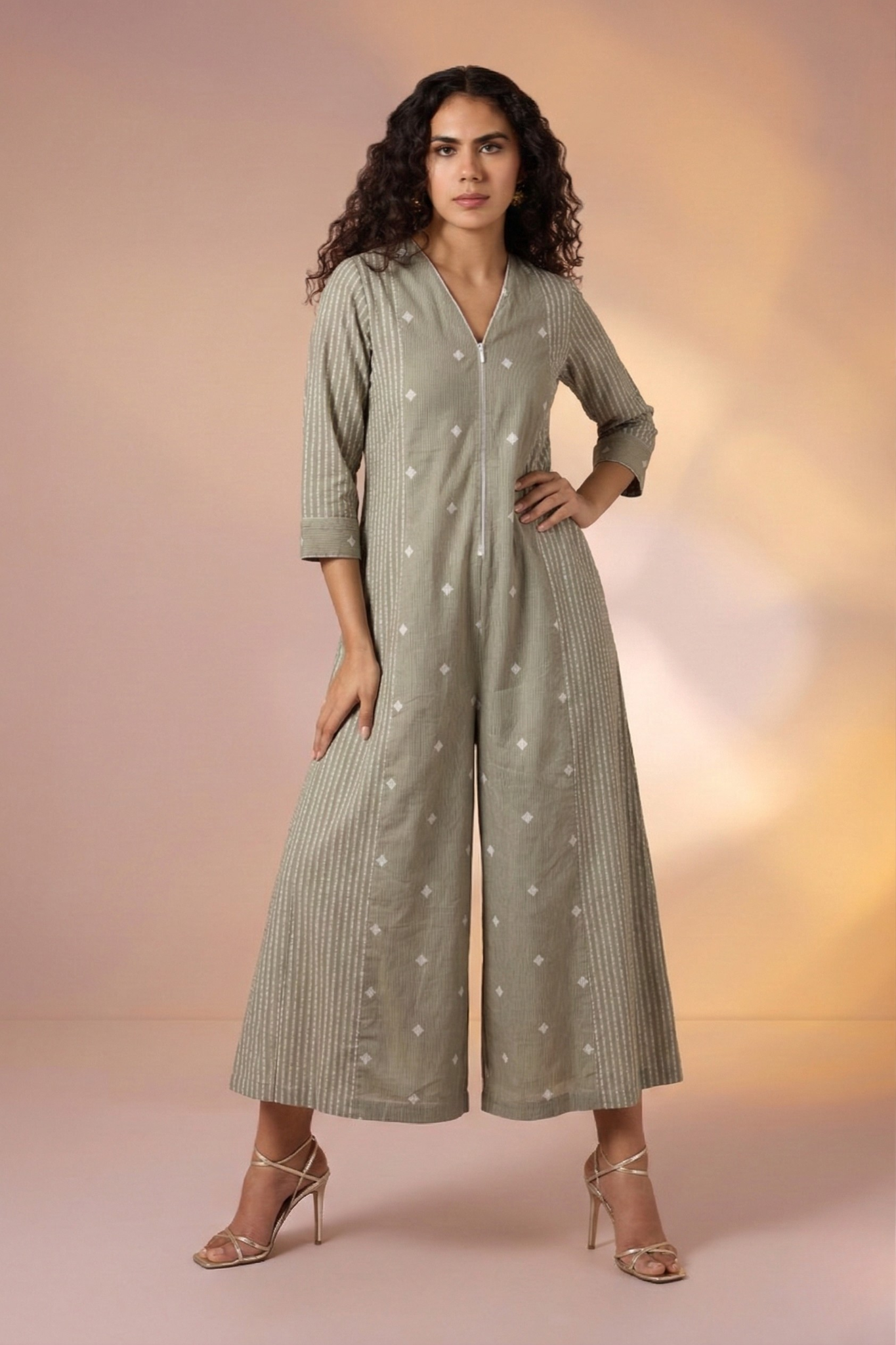 Sage Snow Butti Front Zipper Cotton Jumpsuit With Pockets & Sleeves Mc