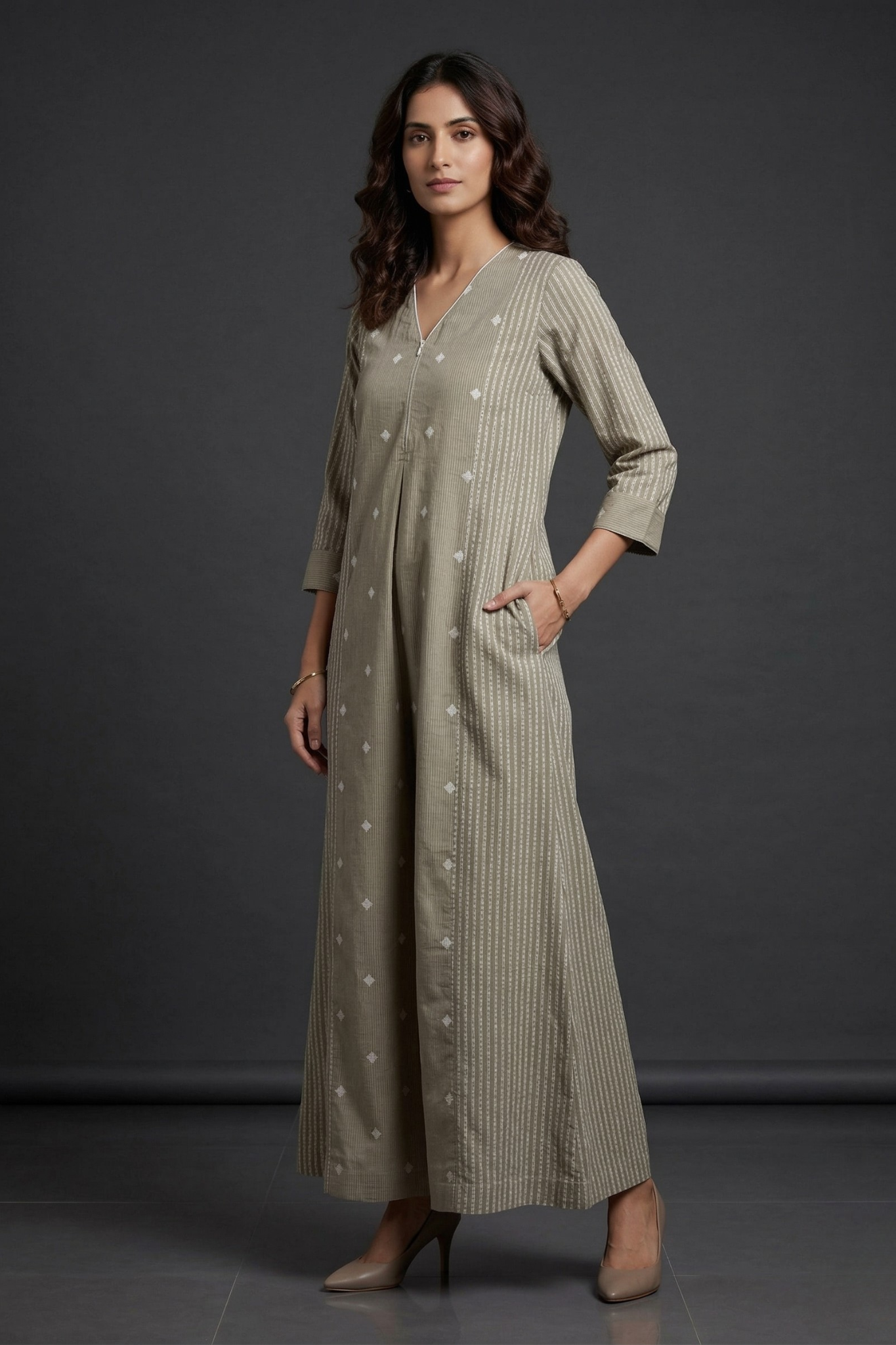 Sage Snow Butti Front Zipper Cotton Jumpsuit With Pockets & Sleeves Mc