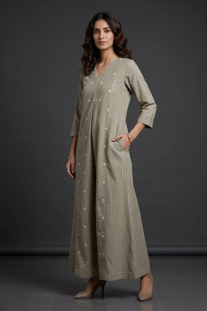 Sage Snow Butti Front Zipper Cotton Jumpsuit With Pockets & Sleeves Mc