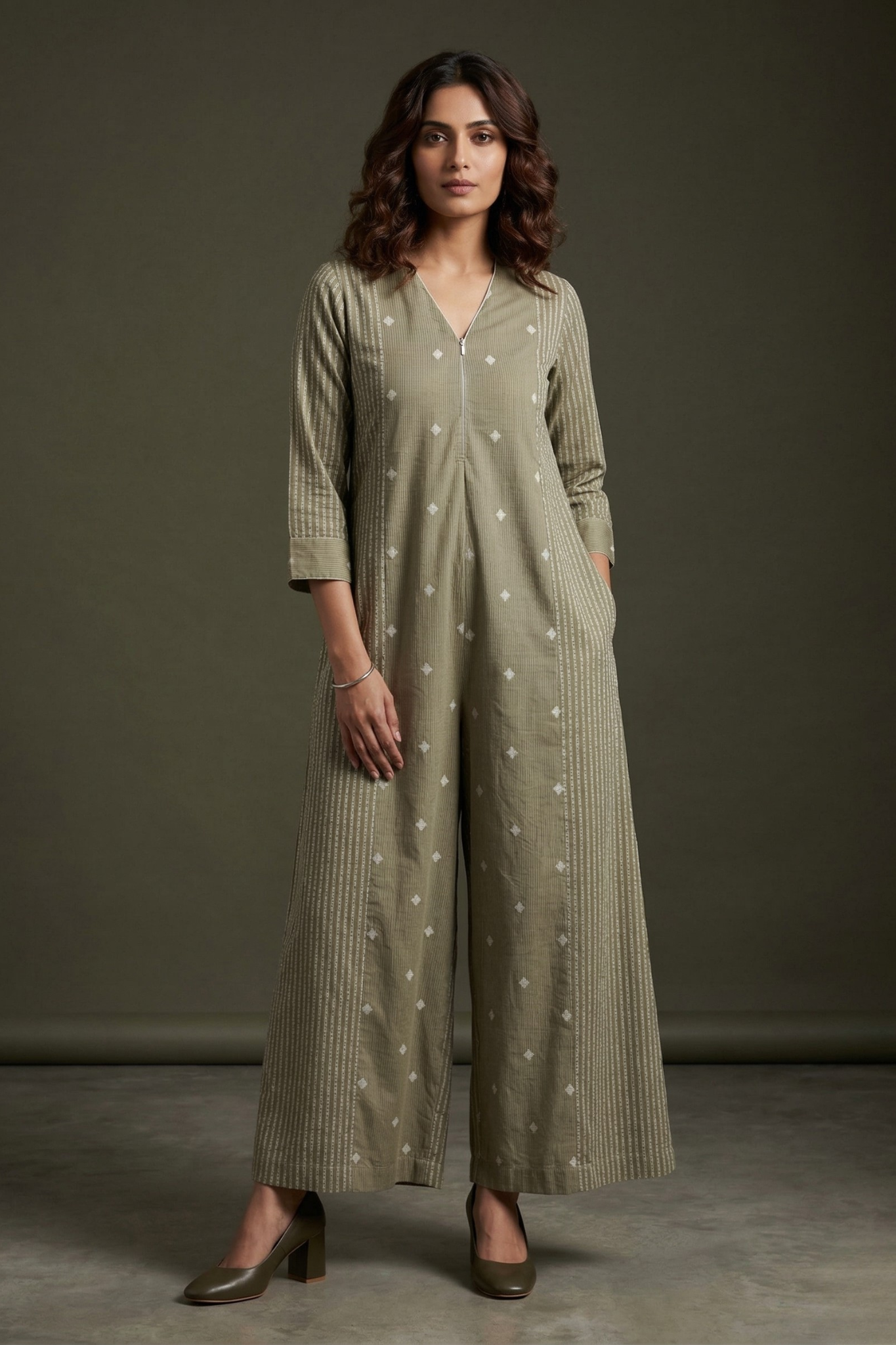 Sage Snow Butti Front Zipper Cotton Jumpsuit With Pockets & Sleeves Mc