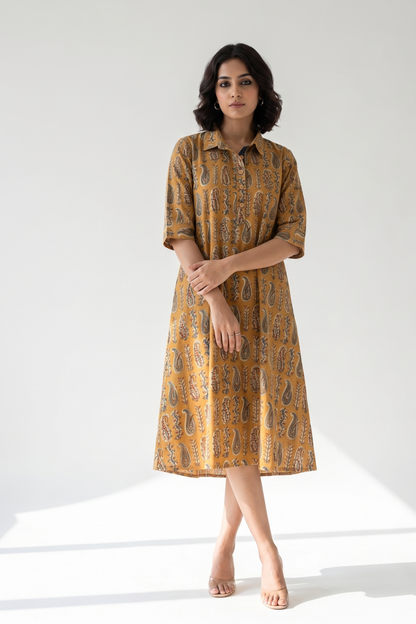 Sand Dune Rustic Paisley Cotton Contemporary Collar Swing Dress Mc