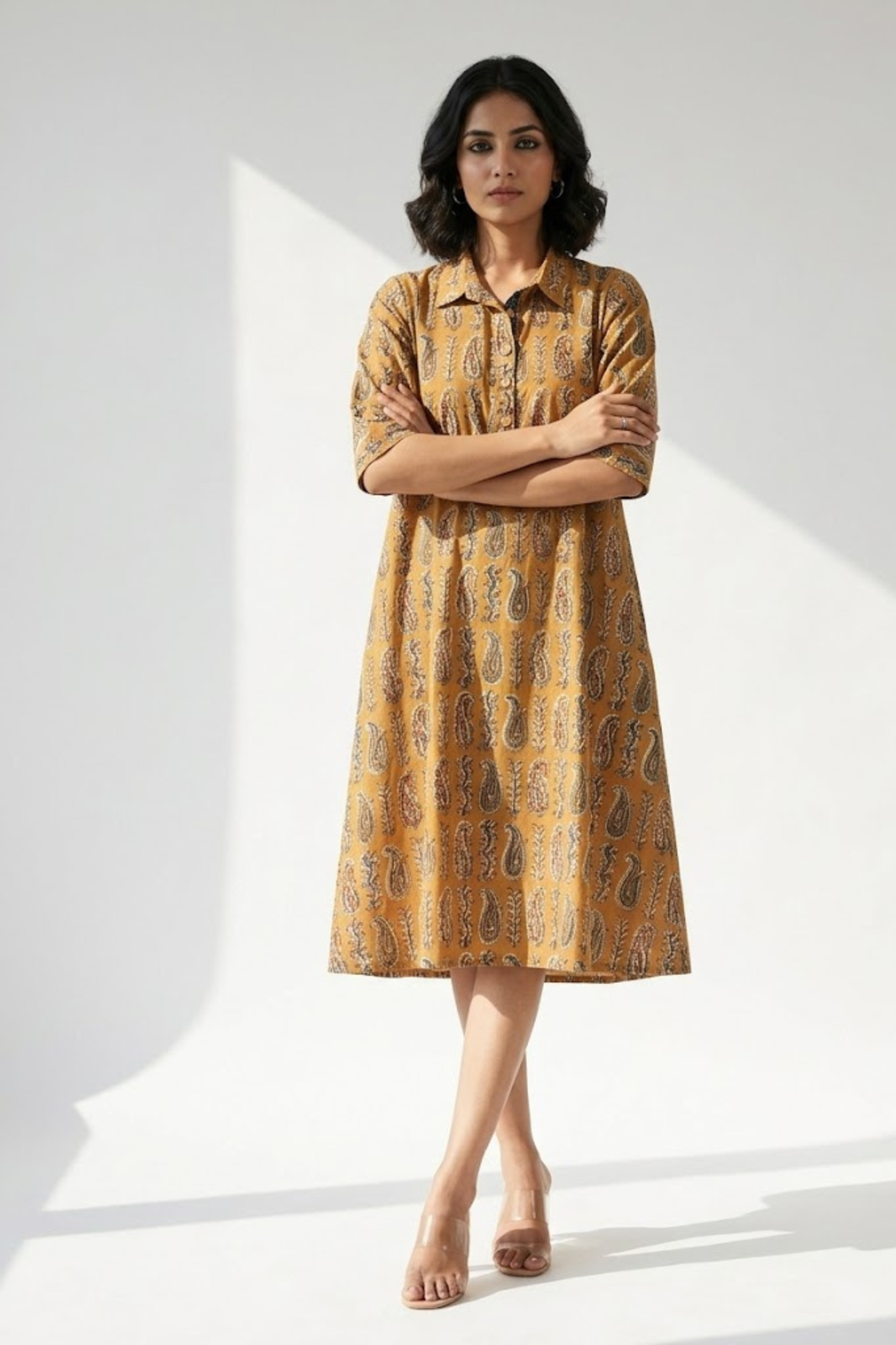 Sand Dune Rustic Paisley Cotton Contemporary Collar Swing Dress Mc