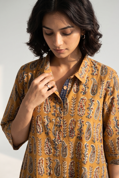 Sand Dune Rustic Paisley Cotton Contemporary Collar Swing Dress Mc