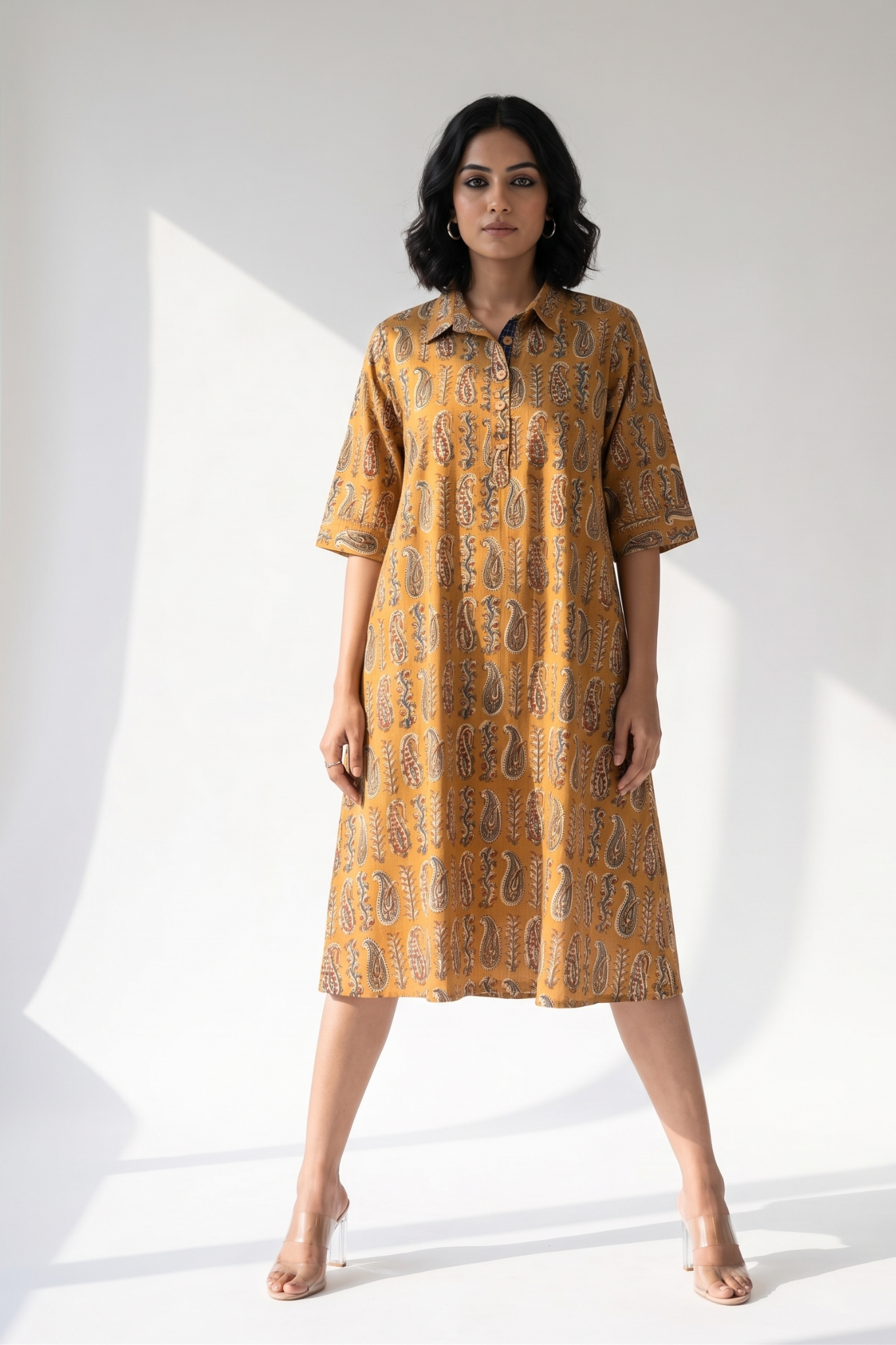 Sand Dune Rustic Paisley Cotton Contemporary Collar Swing Dress Mc