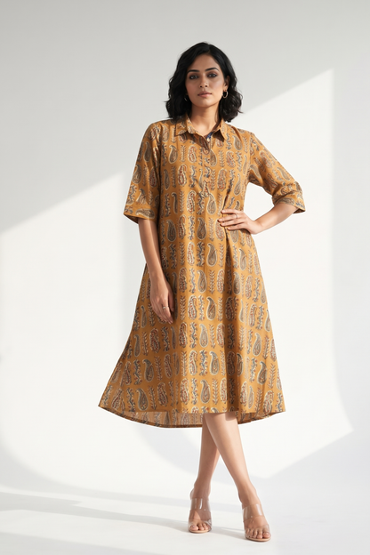 Sand Dune Rustic Paisley Cotton Contemporary Collar Swing Dress Mc