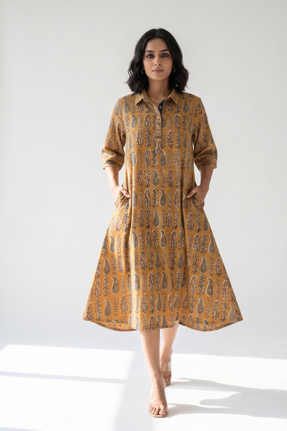 Sand Dune Rustic Paisley Cotton Contemporary Collar Swing Dress Mc