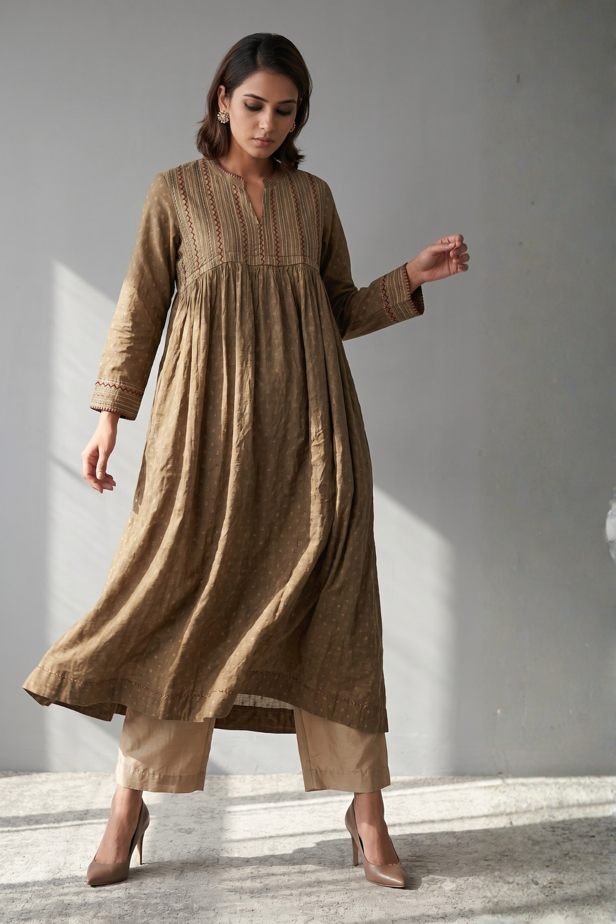 Sand Beige Glimmer Pintuck Anarkali Mc