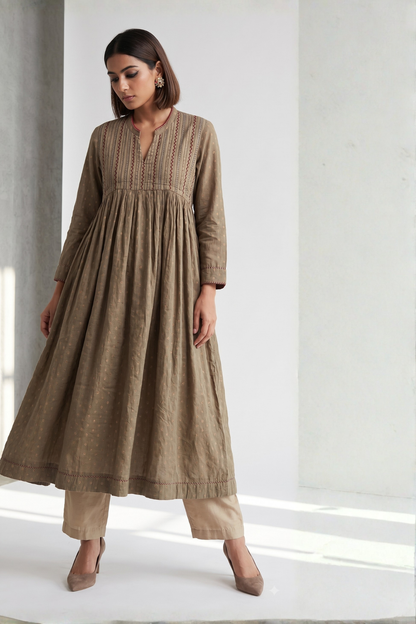 Sand Beige Glimmer Pintuck Anarkali Mc