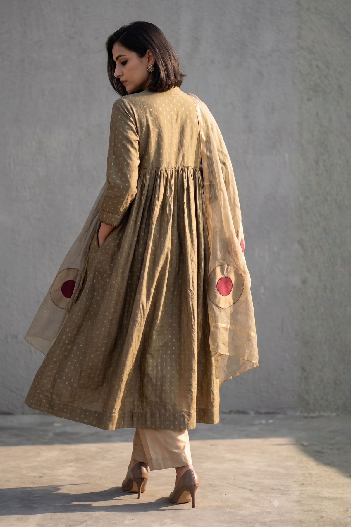 Sand Beige Glimmer Pintuck Anarkali Mc