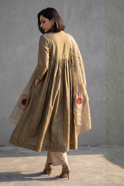 Sand Beige Glimmer Pintuck Anarkali Mc
