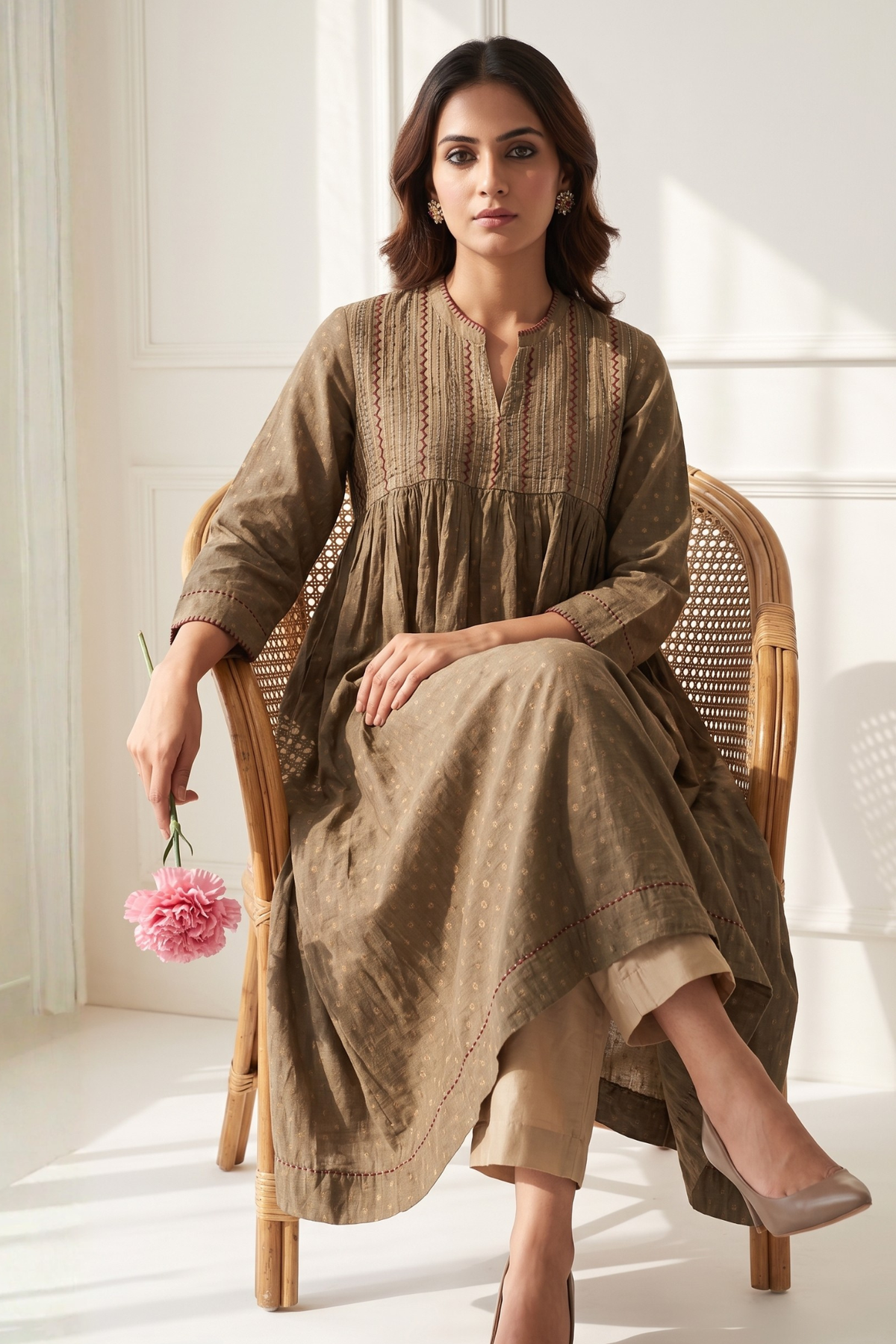 Sand Beige Glimmer Pintuck Anarkali Mc