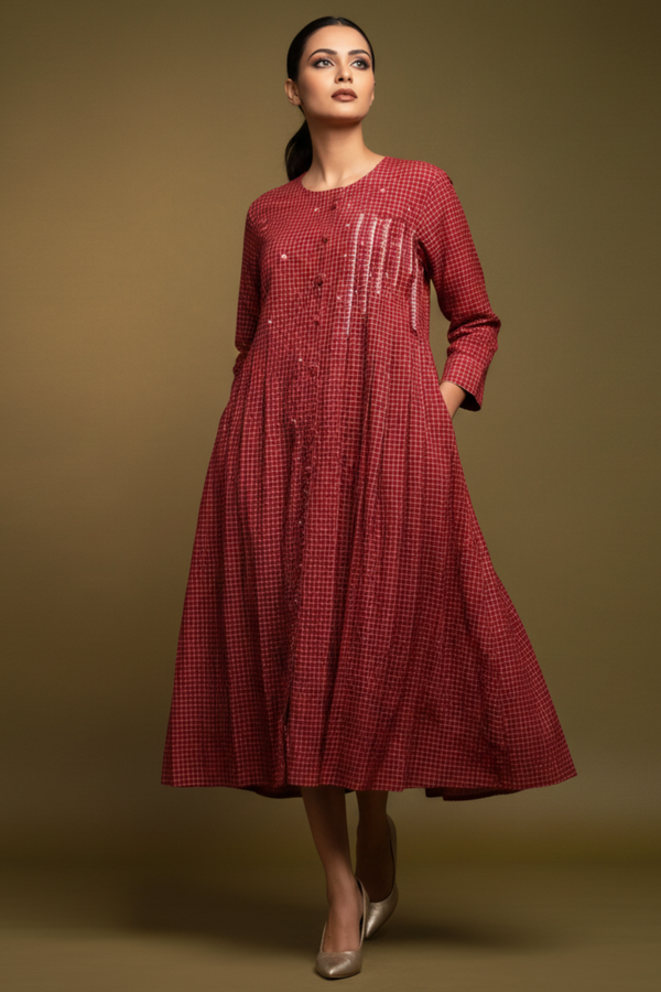 Scarlet Needle Grid Cotton One Side Pleated Button Down Dress