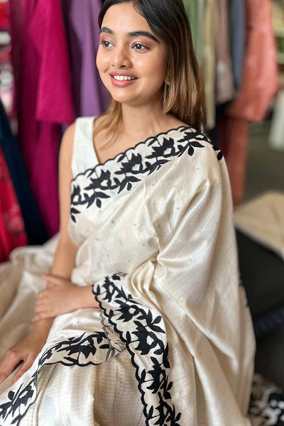 Semi Tussar saree with Deep black applique