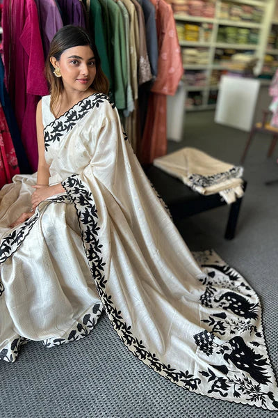 Semi Tussar saree with Deep black applique