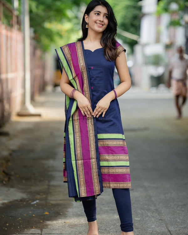 Studio Navy blue kanchi cotton top and duppata