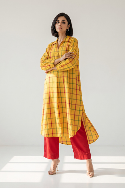 Sunbeam Madras Cotton Collar Box Pleat Kurta Top Mc