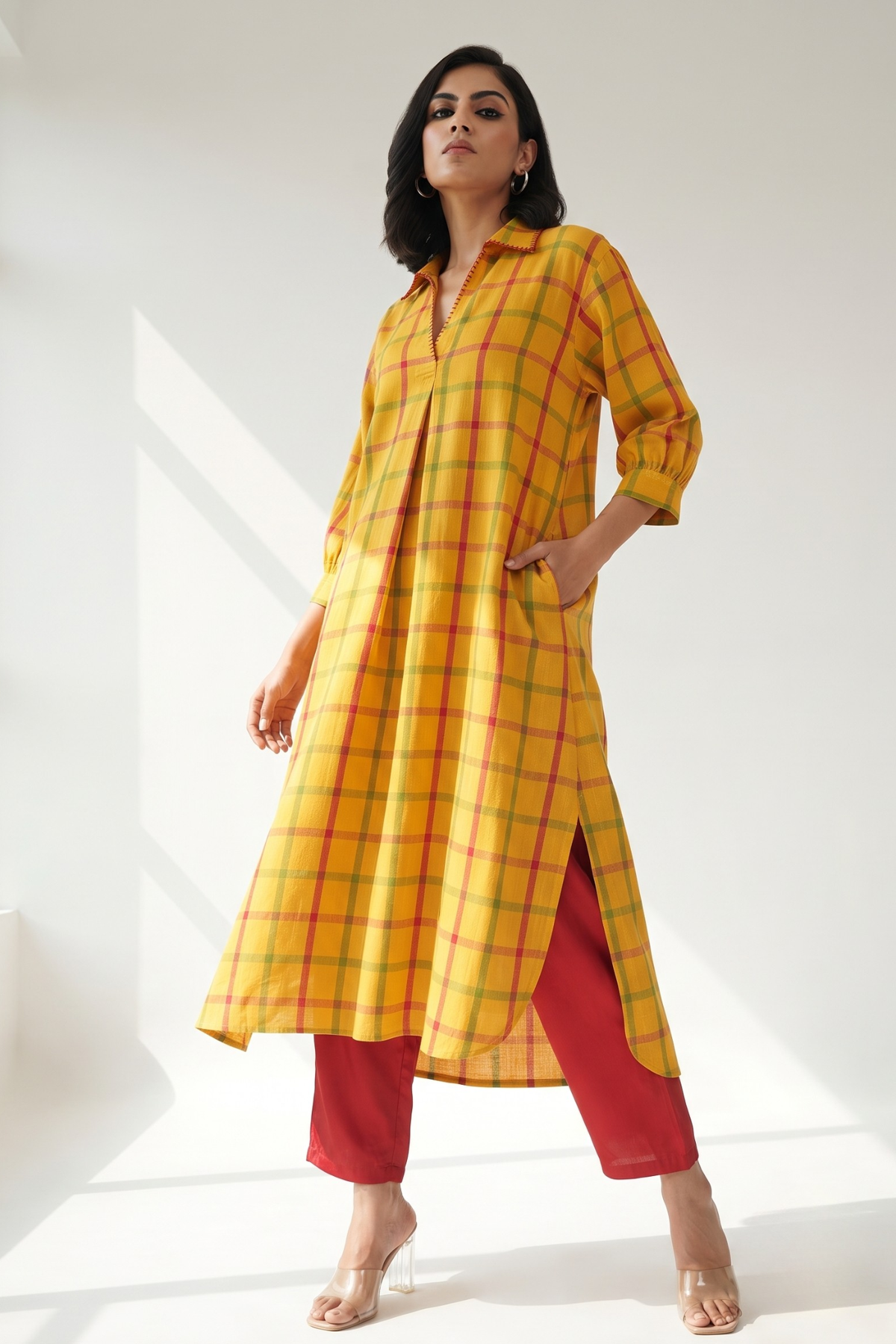 Sunbeam Madras Cotton Collar Box Pleat Kurta Top Mc