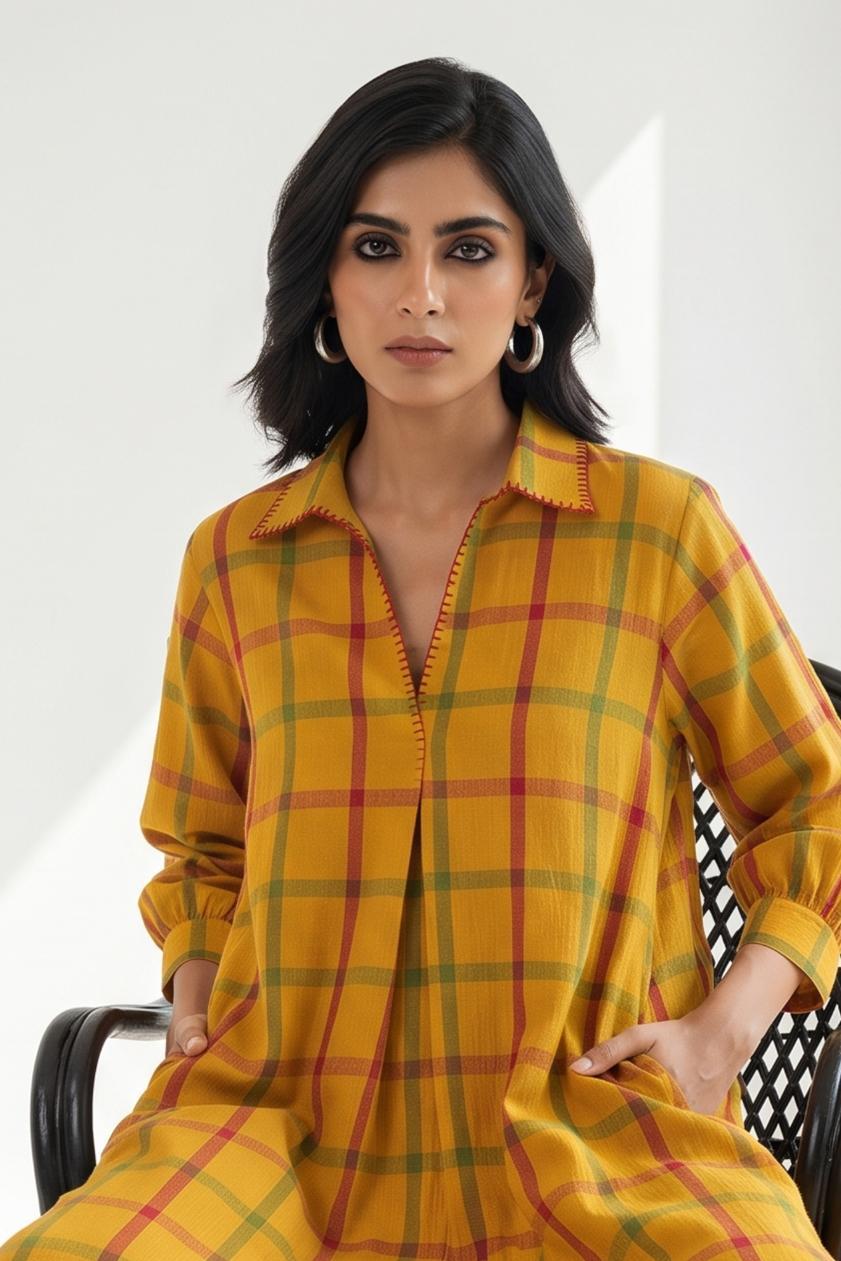 Sunbeam Madras Cotton Collar Box Pleat Kurta Top Mc