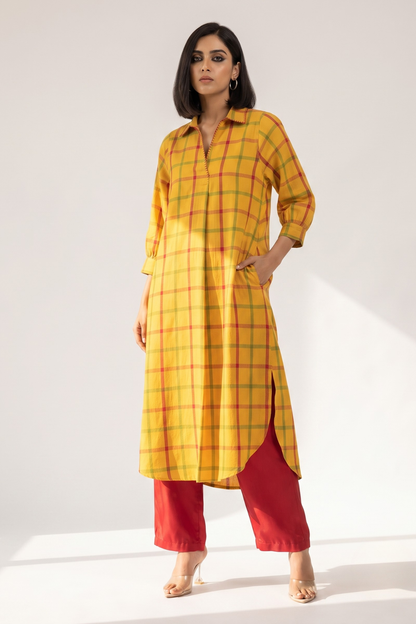 Sunbeam Madras Cotton Collar Box Pleat Kurta Top Mc