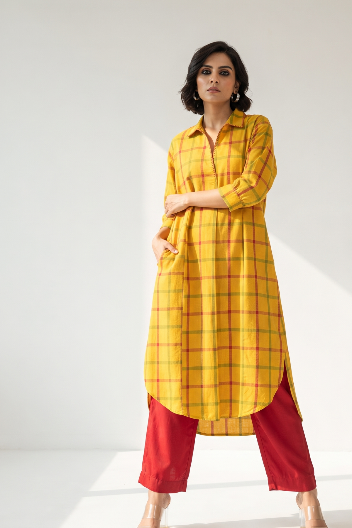 Sunbeam Madras Cotton Collar Box Pleat Kurta Top Mc