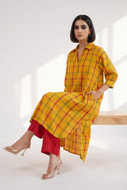 Sunbeam Madras Cotton Collar Box Pleat Kurta Top Mc